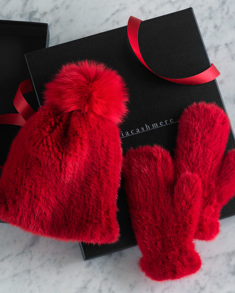 Mink Hat with Fox Fur Pom and matching mittens in red