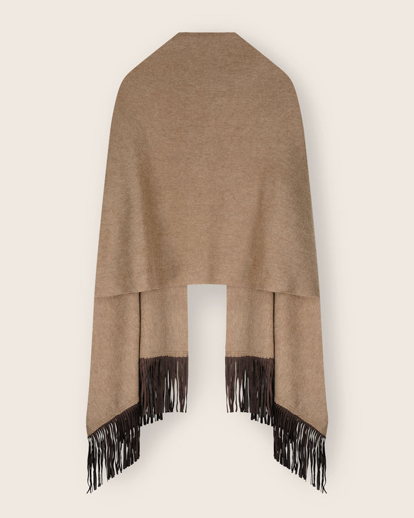 Cashmere Wrap with Leather Fringe in heather taupe back