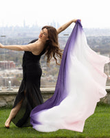 Woman Wearing Lightweight Cashmere Wrap in Purple Ombre