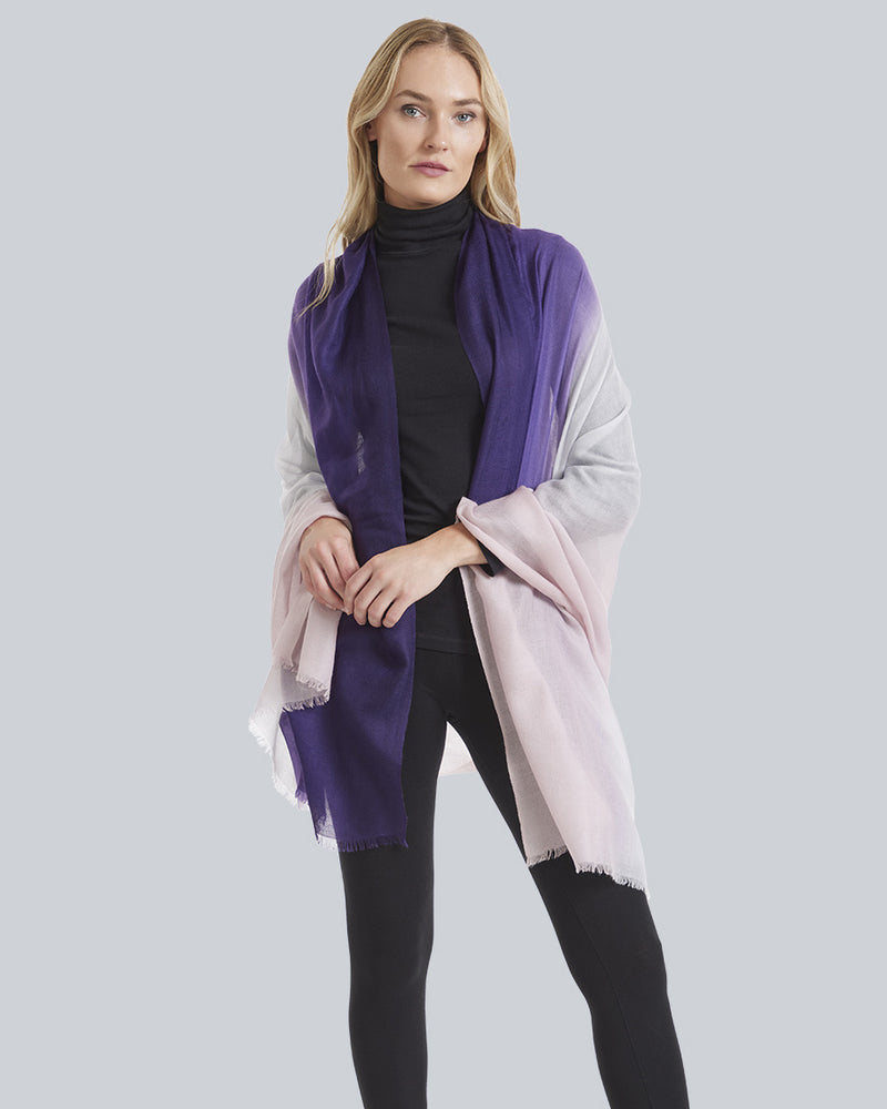 Woman Wearing Lightweight Cashmere Wrap in Purple Ombre