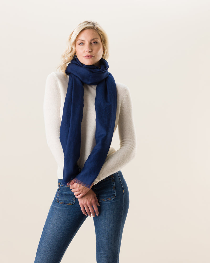Woman wearing Lightweight Cashmere Wrap in Navy