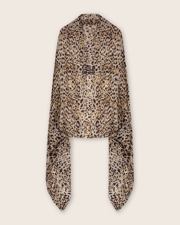 Lightweight cashmere wrap in white leopard