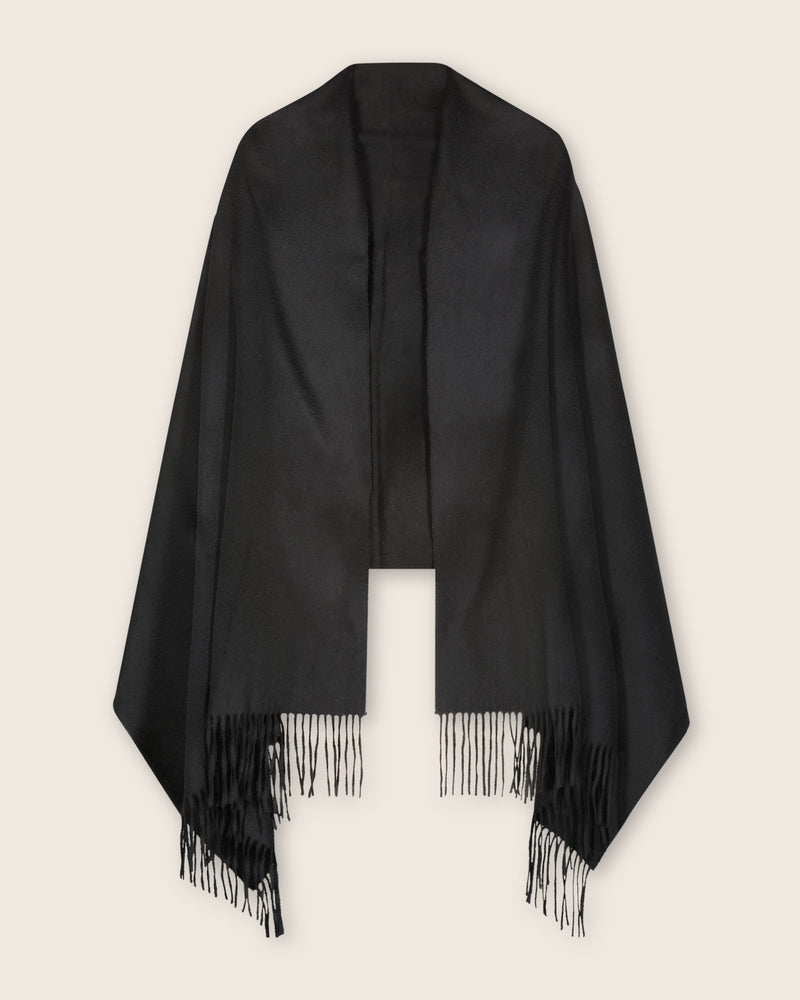 Cashmere water weave wrap with fringe in black