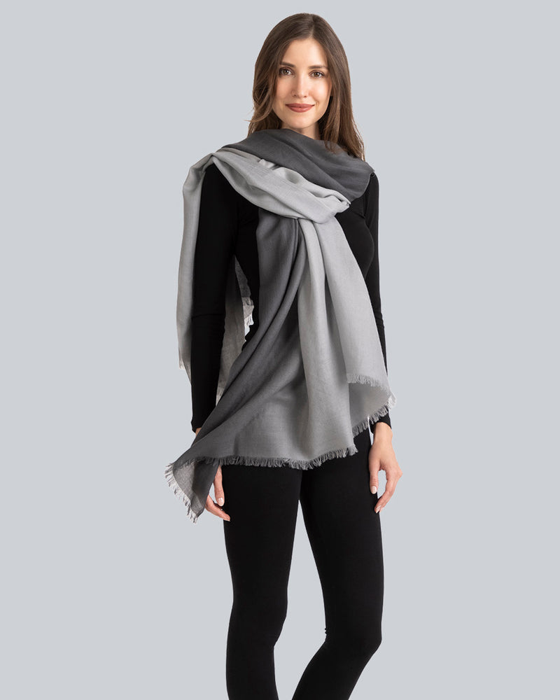 Woman wearing Lightweight Cashmere Wrap in grey ombre