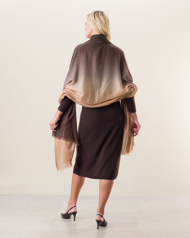 Woman wearing Lightweight Cashmere Wrap in brown ombre
