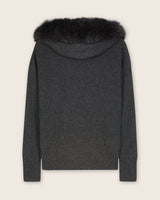 Cashmere zip sweater with fur trimmed hood in Charcoal
