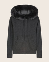 Cashmere zip sweater with fur trimmed hood in Charcoal