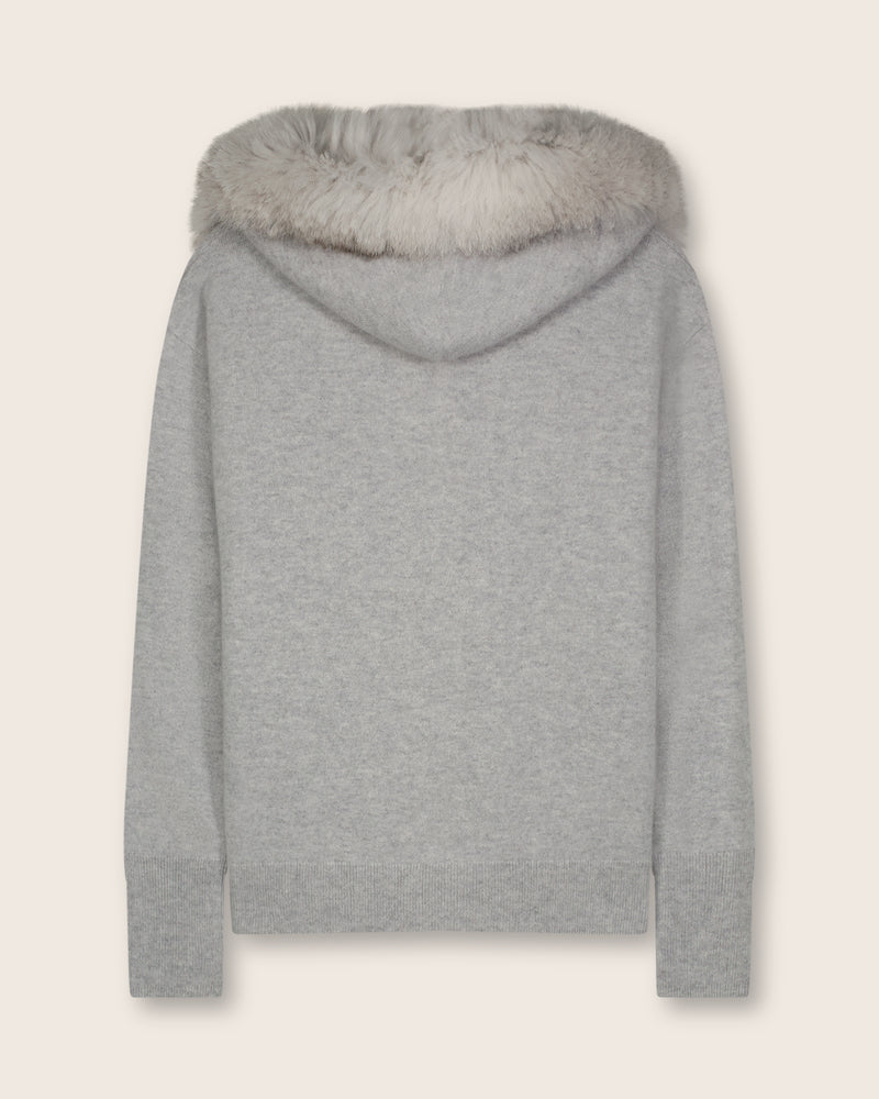 Cashmere zip sweater with fur trimmed hood in Grey
