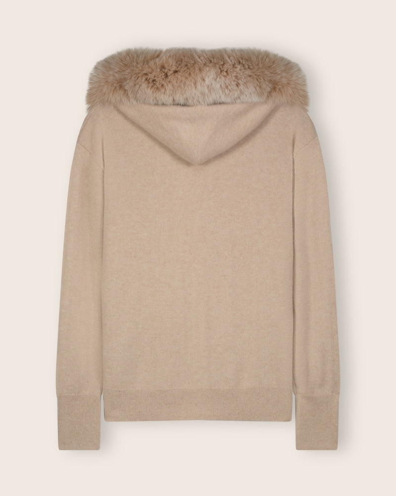 Cashmere zip sweater with fur trimmed hood in Oatmeal