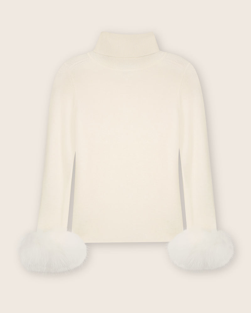 Cashmere Turtleneck with Finnish fur Cuffs in ivory