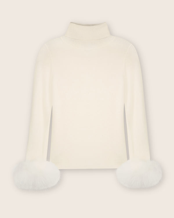 Cashmere Turtleneck with Finnish fur Cuffs in Ivory