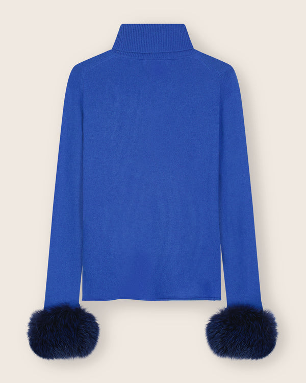 Cashmere Turtleneck with Finnish fur Cuffs in Bright Blue