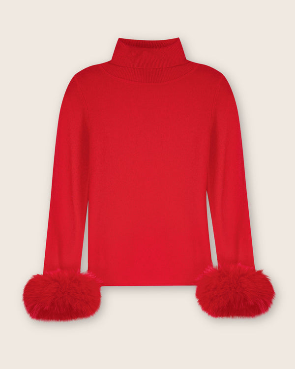 Cashmere Turtleneck with Finnish fur Cuffs in Red