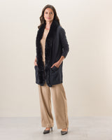 Woman wearing Cashmere drape cardigan with Luxe Finnish Fox Fur Trim in Black