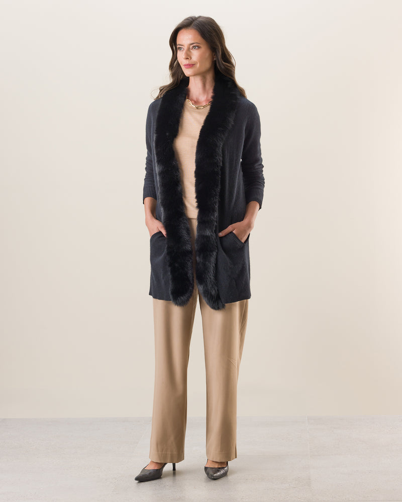 Woman wearing Cashmere drape cardigan with Luxe Finnish Fox Fur Trim in Black