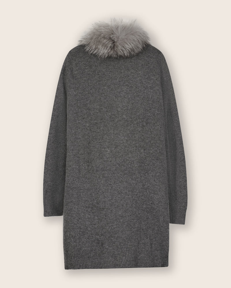 Cashmere drape cardigan with Luxe Finnish Fox Fur Trim in Charcoal