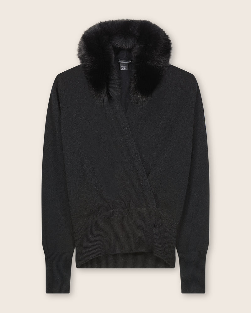 Wrap sweater with fur collar in black