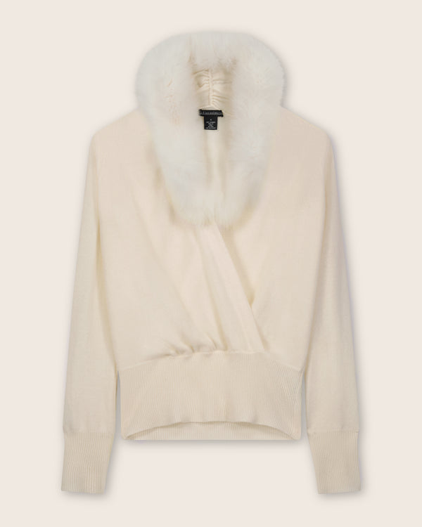Wrap sweater with fur collar in Ivory