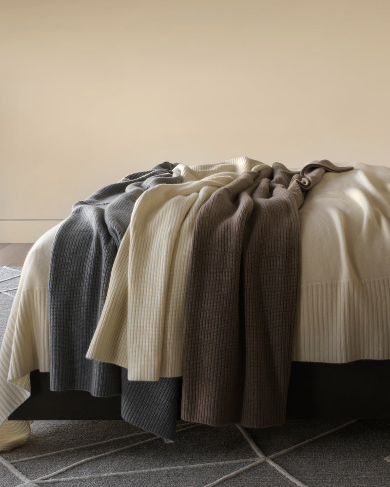 view of cashmere Shaker Knit Throws on bed in Grey