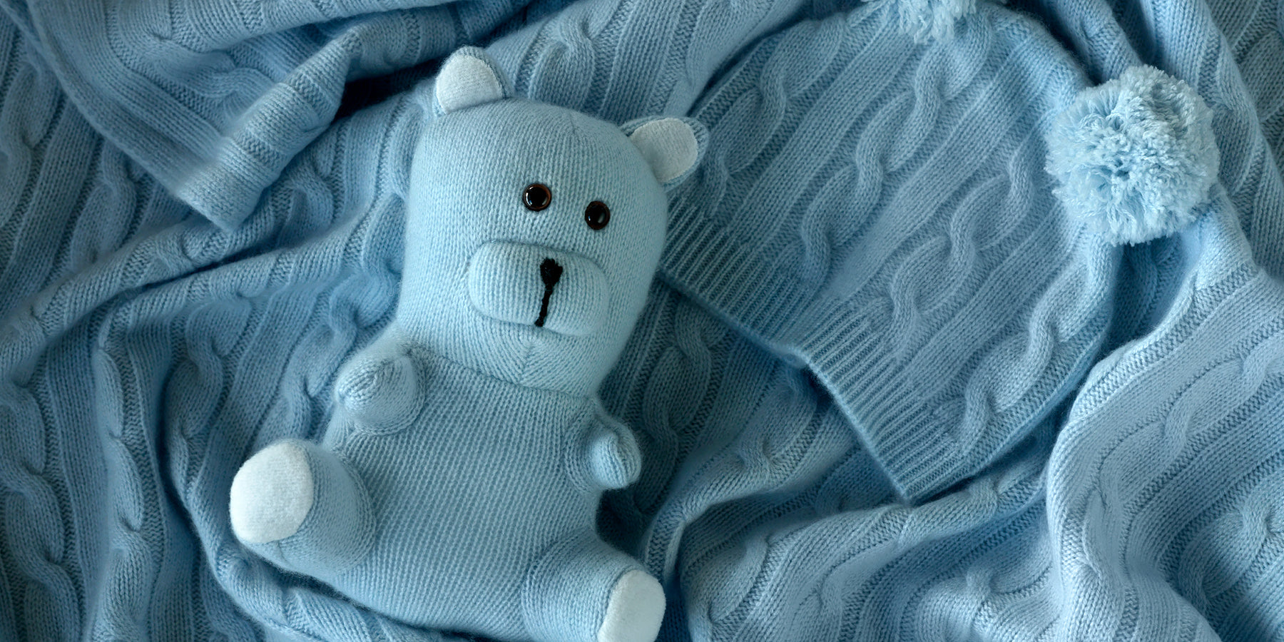 Blue cashmere baby blanket, baby cashmere cap and cashmere teddy
