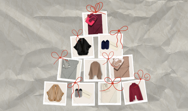 Collage of cashmere styles and items in small frames on a textured gray background