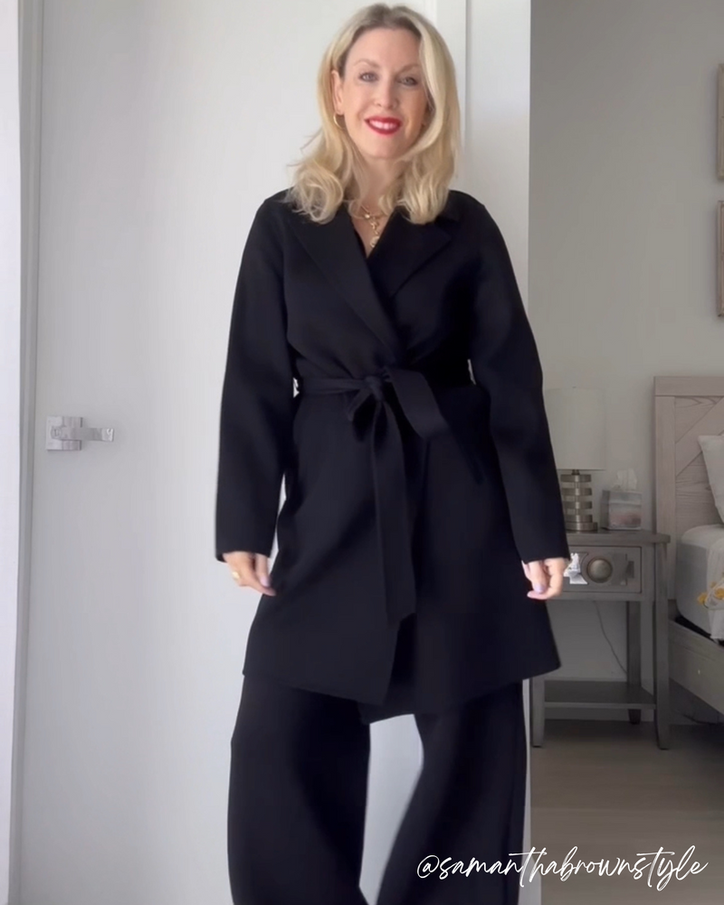 Samantha Brown, stylist wearing cashmere wrap coat in black