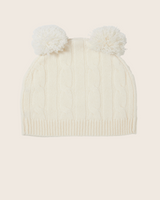 Cable knit cashmere Baby Hat with two pompoms in Ivory