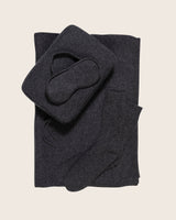 Jersey Knit cashmere Travel Set; pouch, eye mask, socks, blanket in Charcoal