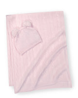 Cable knit baby blanket and pom-pom hat set in soft pink