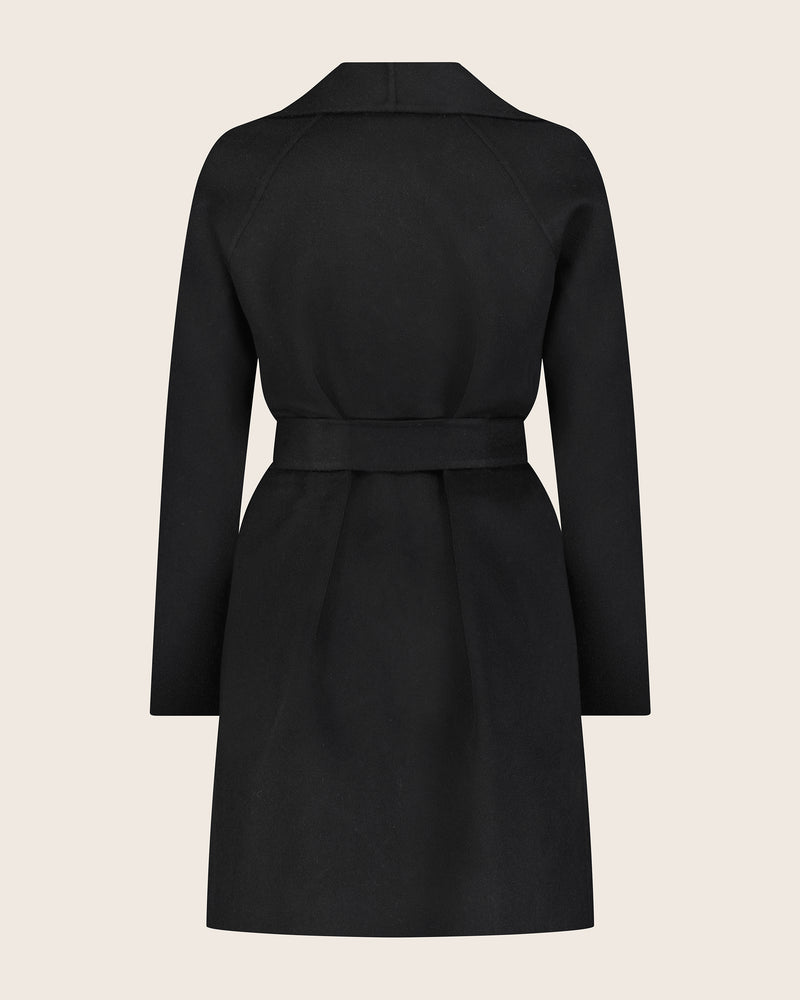 Black wool cashmere wrap belted coat with on a plain background