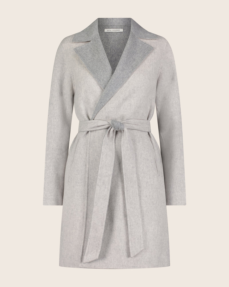 Cashmere wrap coat in grey front view