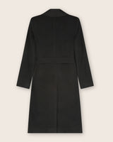 back view of flat image of carmela belted wrap cashmere coat in black
