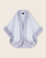 Fur Trimmed Cashmere Cape in Dusty Blue front view