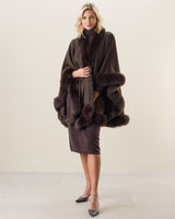 Woman Wearing Fur Trimmed cashmere Cape in Brown