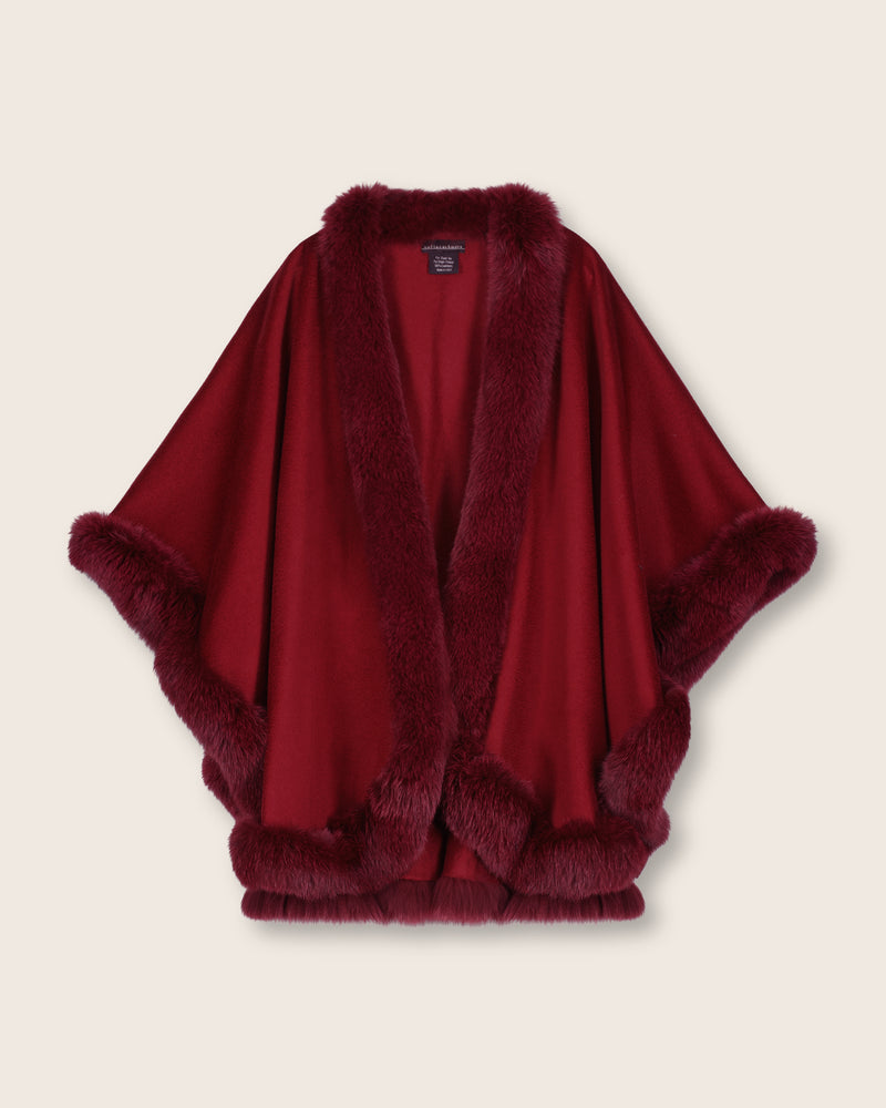 Cervinia fur trimmed cashmere cape in burgundy front view