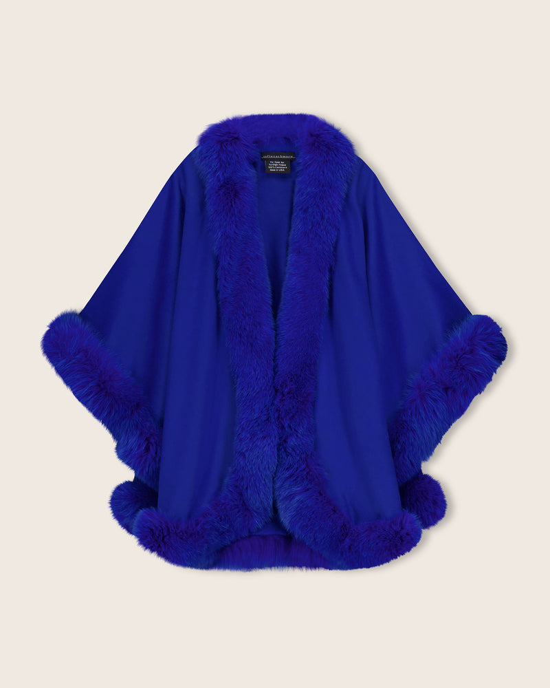 Cervinia Cashmere Cape with real fur trim in Electric Blue