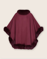Fur Trimmed cashmere Cape, back view in Plum