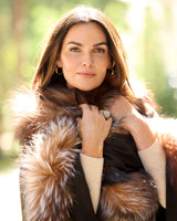 Woman wearing brown multi silver fur trimmed cervinia, up close