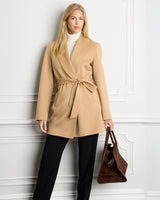 Sutton Double-Face Belted Car Coat in camel on model holding bag