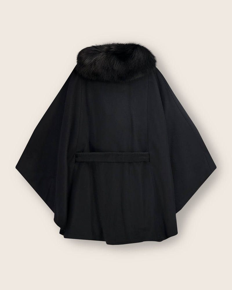 Flat image of back of Duchess cashmere wool blend Cape coat in black