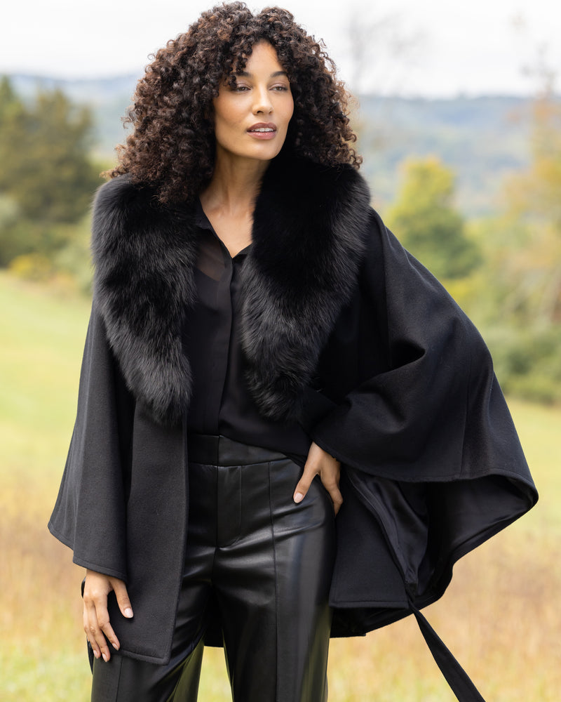 Model wearing Duchess Cashmere Wool Blend Cape Coat in black 