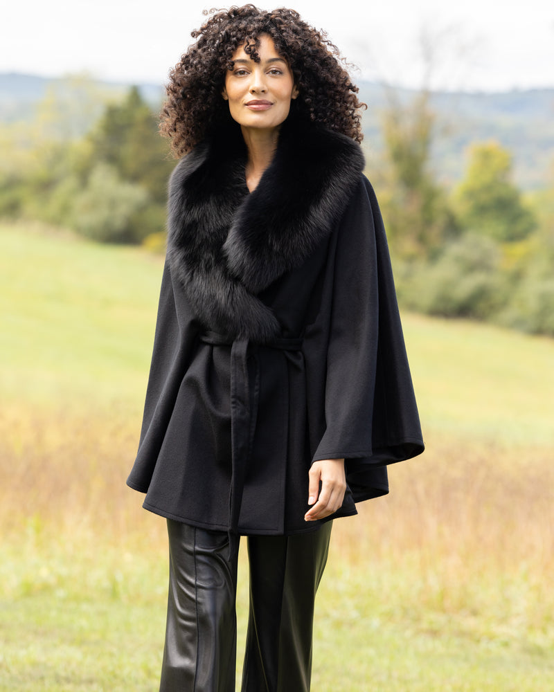 Model wearing Duchess Cashmere wool blend Cape coat in black