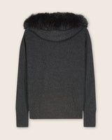 Cashmere zip sweater with fur trimmed hood in Charcoal, back view