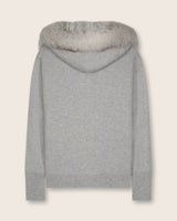 Cashmere zip sweater with fur trimmed hood in Grey, back view