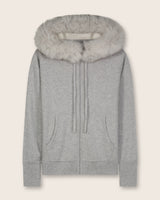 Cashmere zip sweater with fur trimmed hood in grey