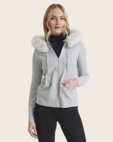 Cashmere zip sweater with fur trimmed hood in grey on model