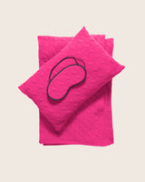 Cable Knit cashmere Travel Set in Pink; pouch, sleep mask and blanket