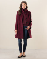 Woman Wearing Alpaca Boucle Snap Button Coat in Burgundy