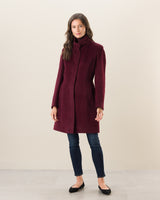 Woman wearing Alpaca Boucle Snap Button Coat in Burgundy