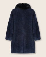 back view of flat image of Alpaca Boucle Car Coat with Finland Fur Collar in Navy